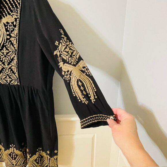 Johnny Was 100% Silk Embroidered Dress Black/Tan Himmel Boho Tunic Dress Medium - Picture 3 of 7
